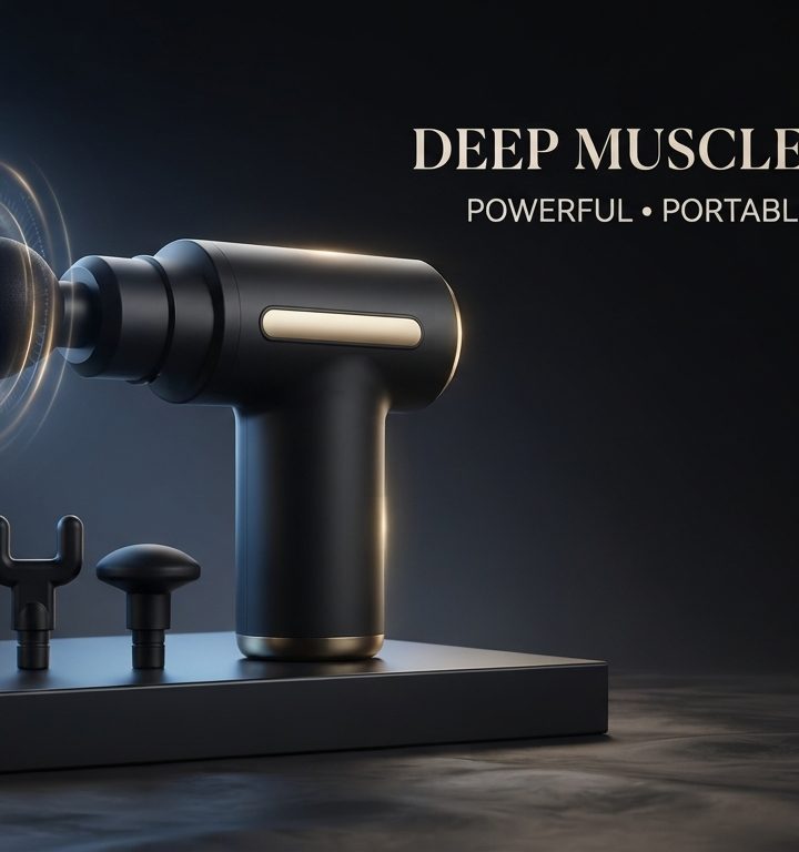 5-in-1 deep tissue massage gun with 4 interchangeable heads, powerful, portable, rechargeable.